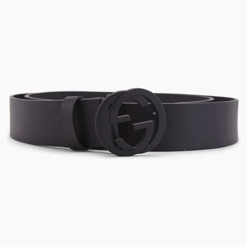 Gucci Matte Black Interlocking G Belt Leather 1.5W Black