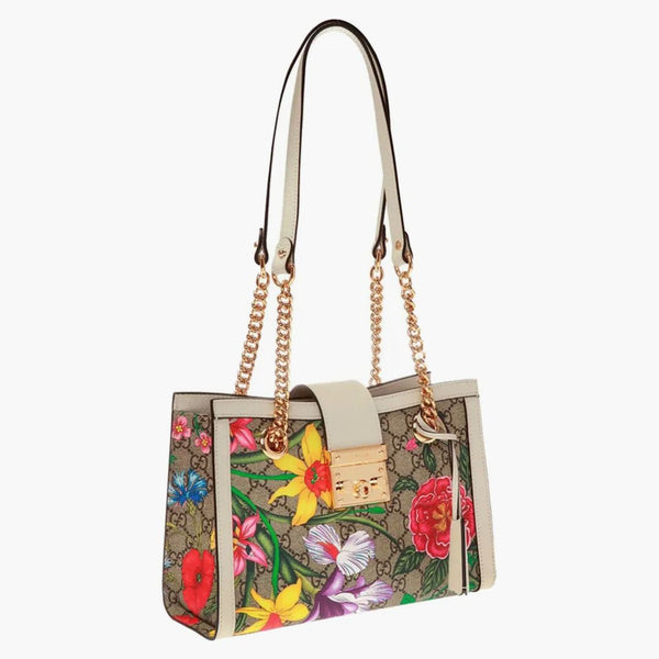 Gucci hänglås gg axelväska flora elfenben