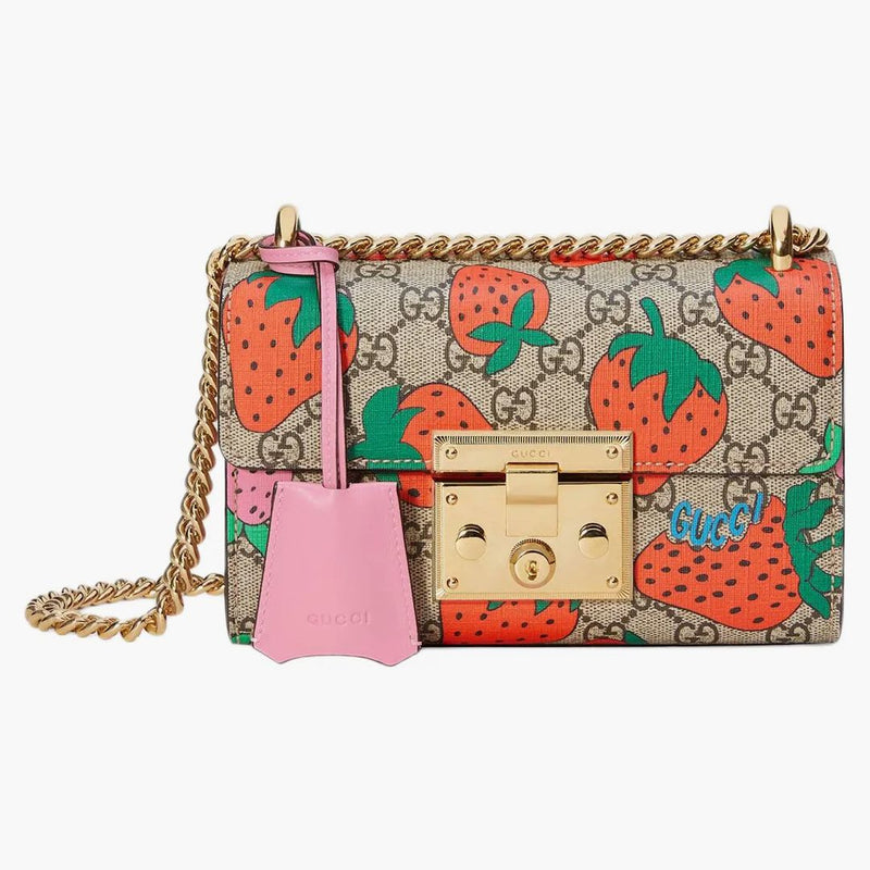 Gucci Padlock Shoulder Bag GG Strawberry Small Beige/Ebony Multicolor