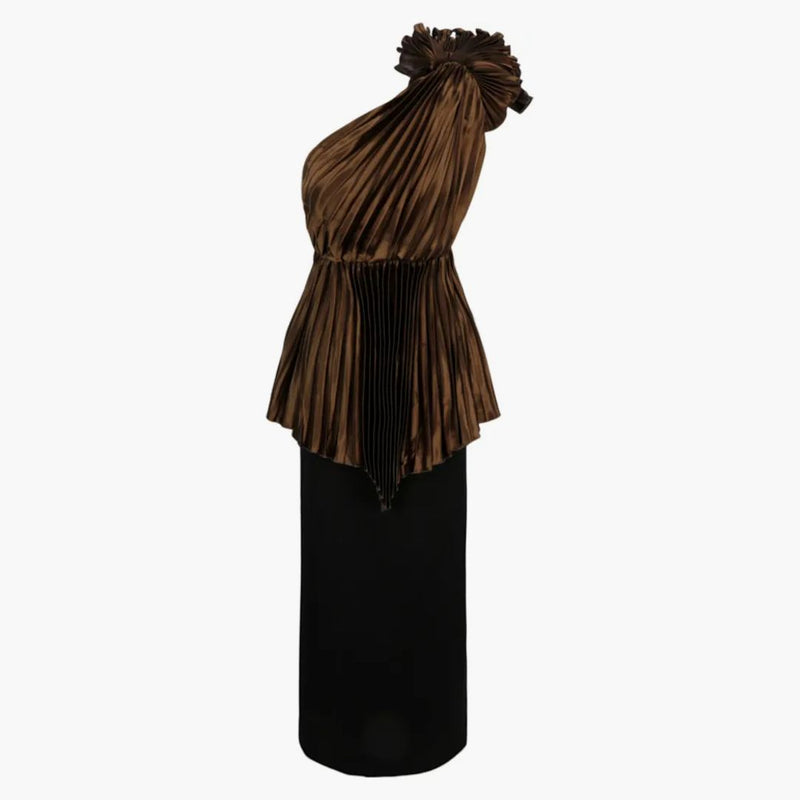 Gucci Plisse One Shoulder Gown Brown