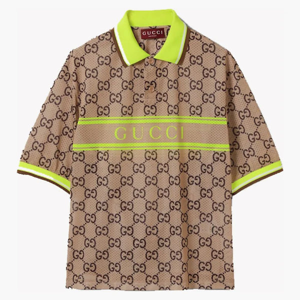 Gucci Polyester Mesh GG Print Polo Beige och Ebony