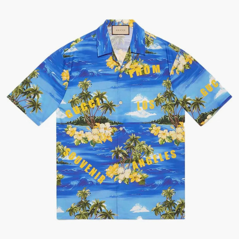 Camicia da bowling poplin di cotone stampato Gucci blu/verde/giallo
