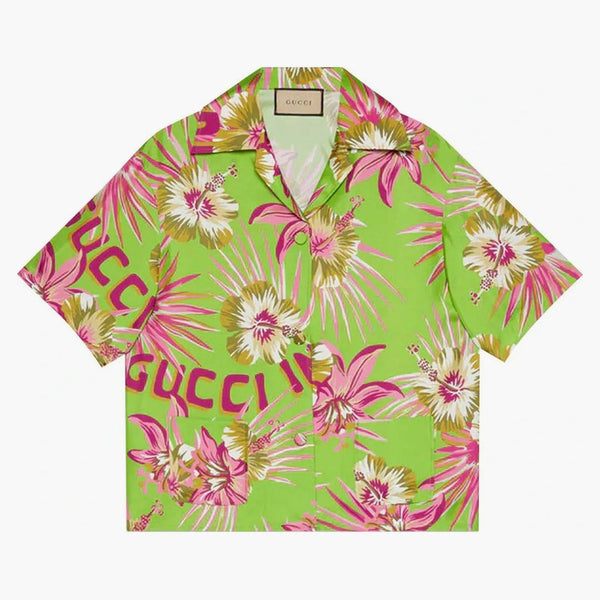 Gucci drukowana jedwabna koszulka do kręgli zielona/różowa