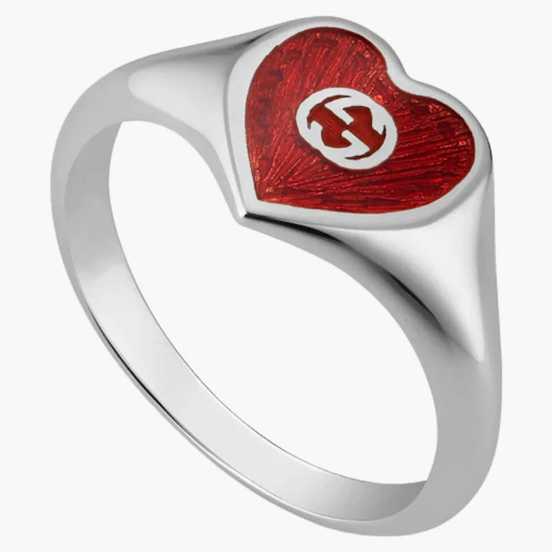 Gucci Ring With Interlocking G Enamel Heart Silver/red