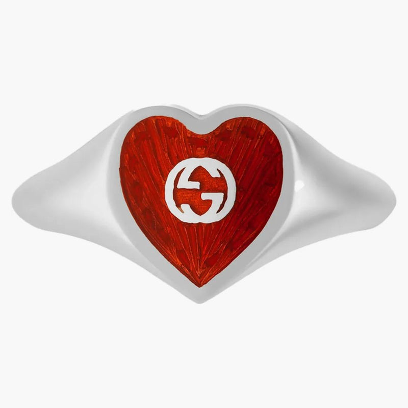 Gucci Ring With Interlocking G Enamel Heart Silver/red