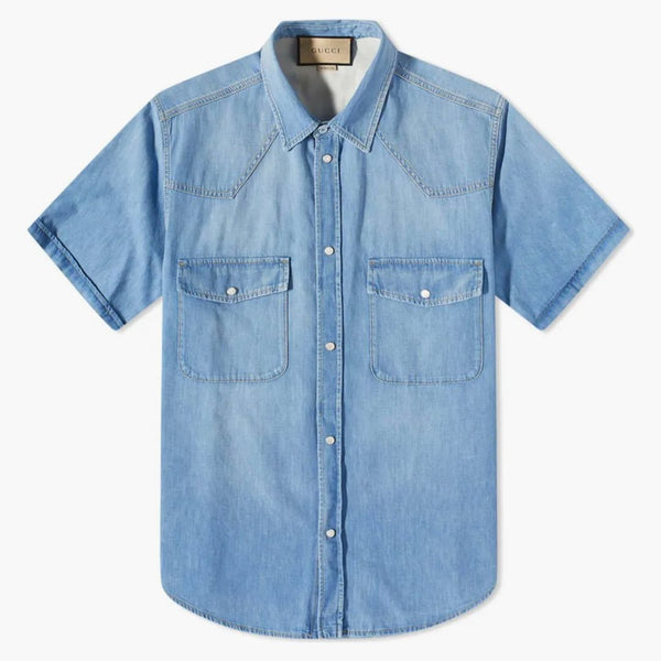 Camicia di denim a manica corta gucci blu
