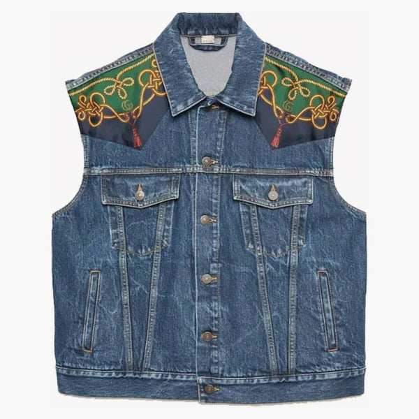Gucci Silk Scarf-panelled Denim Vest Blue
