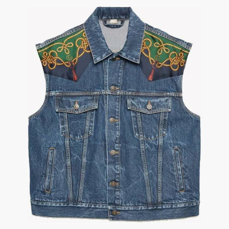 Giubbotto di denim con pannello di seta gucci blu blu blu