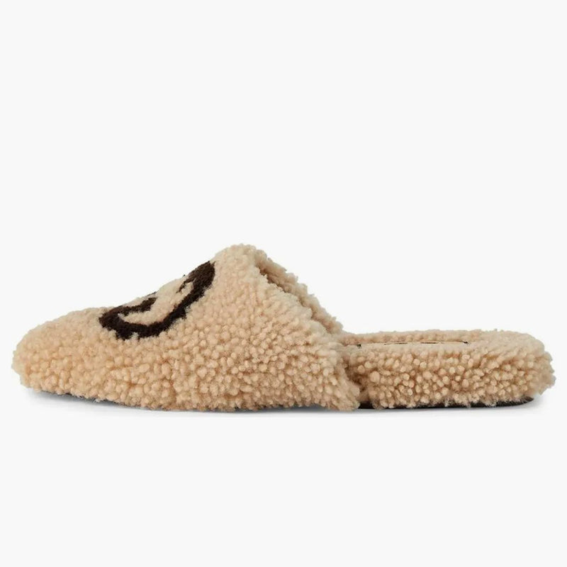 Gucci sammanlåsande g tofflor beige sherling