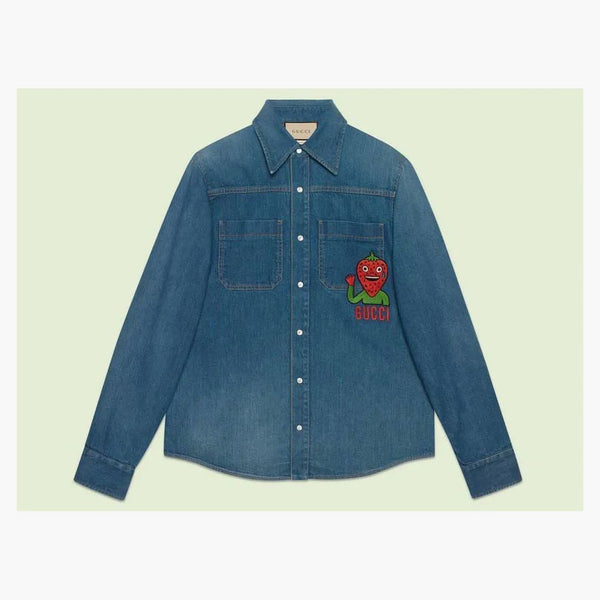 Gucci Strawberry Patch Denim Jacket Blue