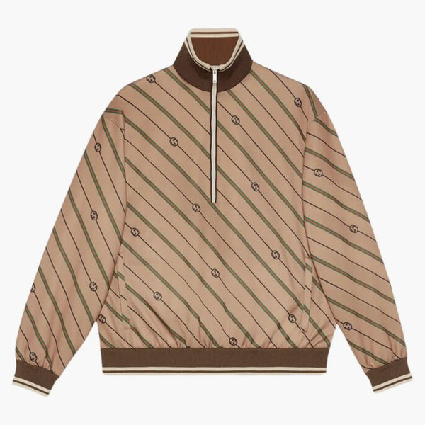 Gucci Twill Gg Stripe Knit Half-zip Jacket Beige/brown