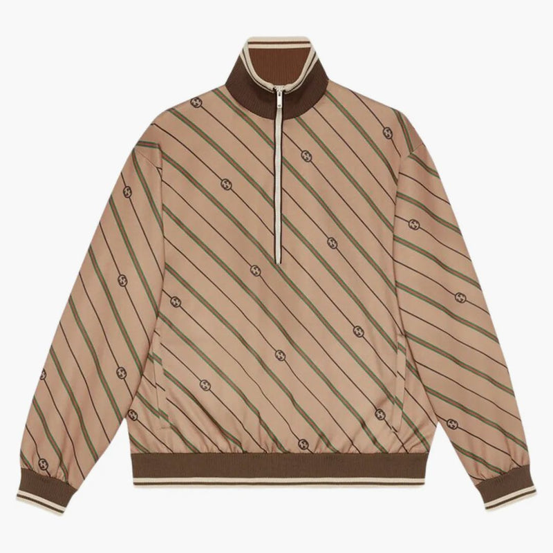 Gucci Twill Gg Stripe Knit Half-zip Jacket Beige/brown