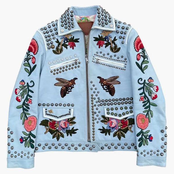 Gucci Women's Floral Embroideded Leather Jacket Blue