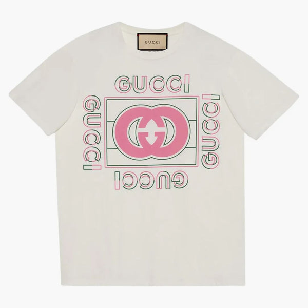 Gucci Women's Oversizehed Vintage Logo Print T-shirt Off White/Pink/Green