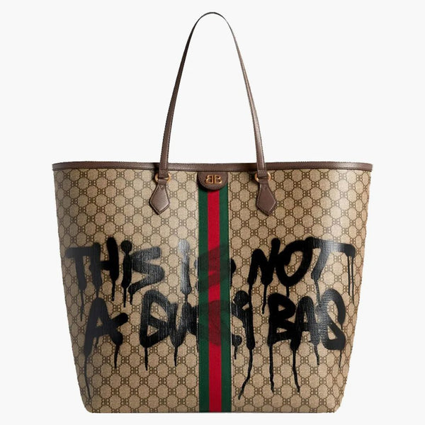 Gucci x Balenciaga Hackerprojektet Graffiti stor tygväska beige