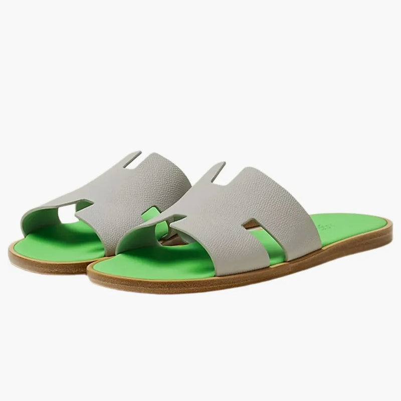Hermes Izmir Sandál Gris Quartz Vert Fluo Epsom lýtka kůže