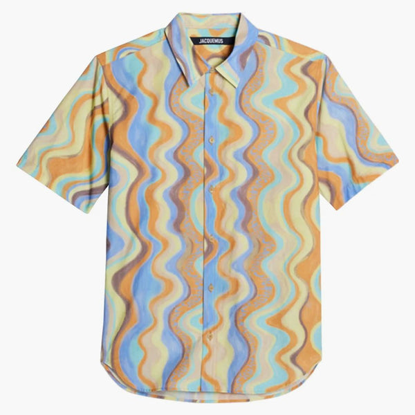 Jacquemus La Chemise Melo Paisley Bandana Short Sleeve Shirt Print Blue Waves Stripes