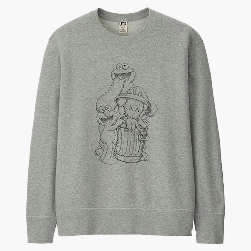 Kaws X Uniqlo X Sesame Street Companion Trash Can Outline Sweatshirt Gray