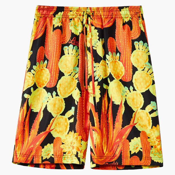 Loewe Cactus Print Silk Drawstring Shorts Black/Yellow