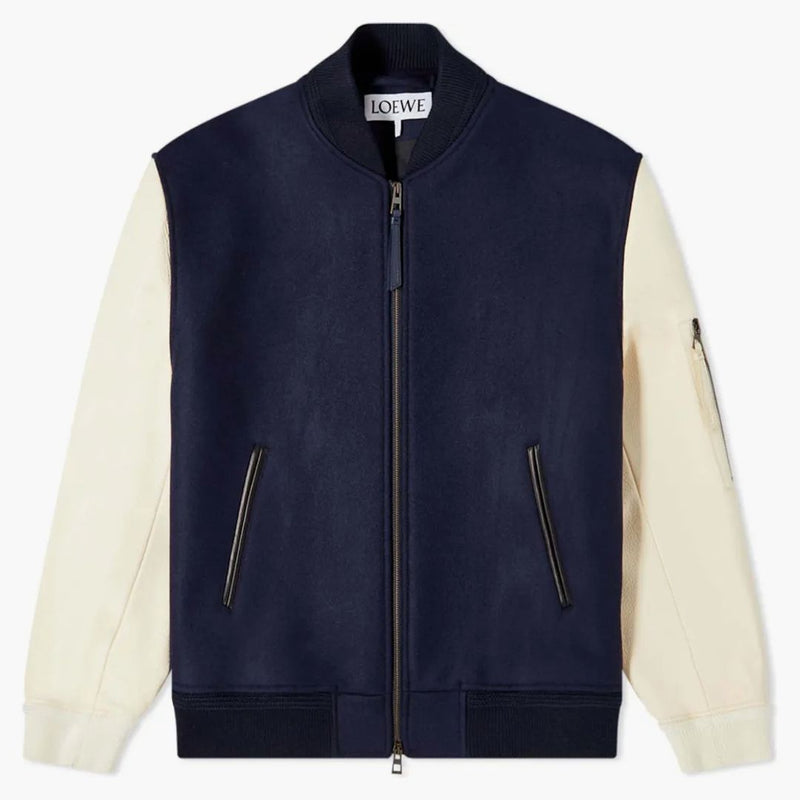 Loewe Leather Sleeve Bomber Jacket Navy/Cream