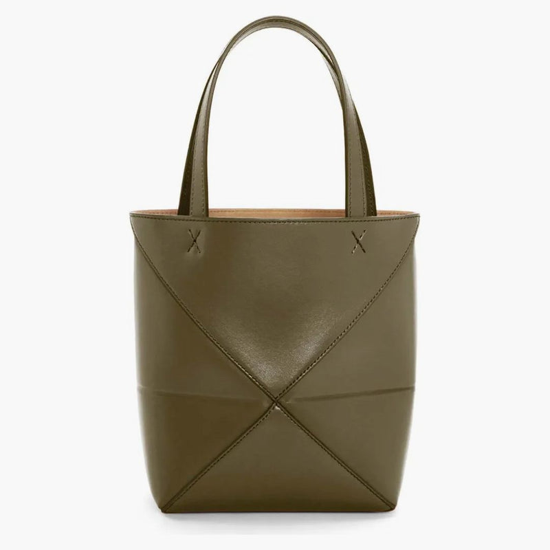 Loewe Mini Puzzle Fold Dead in Shiny Calfskin Dark Khaki Green
