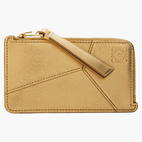 Titolare della carta di moneta da puzzle in oro metallico in pelle di vitello/quercia