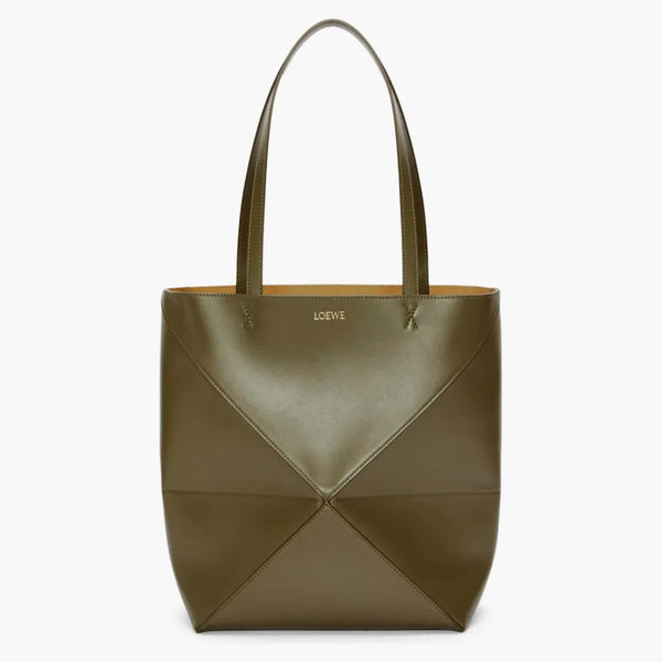 Puzzle loewe piega morta in pelle di vitello luccicante verde kaki scuro