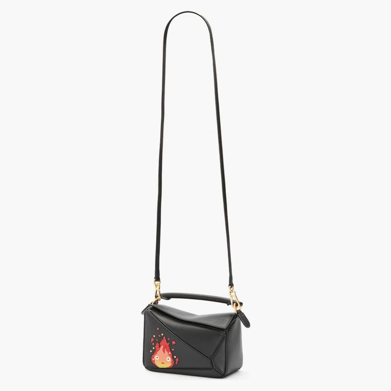 Sacca da puzzle di loewe x Howls Calcifer in pelle di vitello satinata e nero