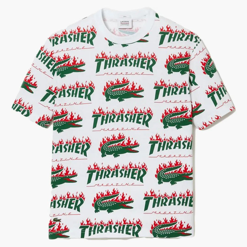 Lacoste x thrasher nadměrné tričko bílé