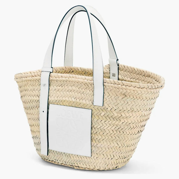 Loewe Basket Bag in Palm Leaf and Calfskin Natural/White