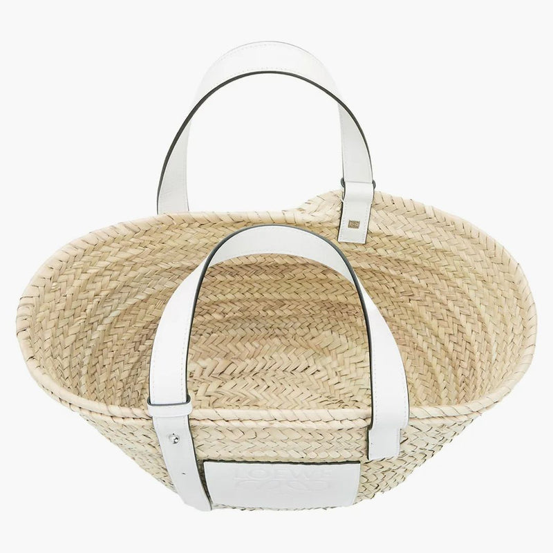 Sacchetto da cesto loewe in foglia di palma e pelle di vitello naturale/bianco