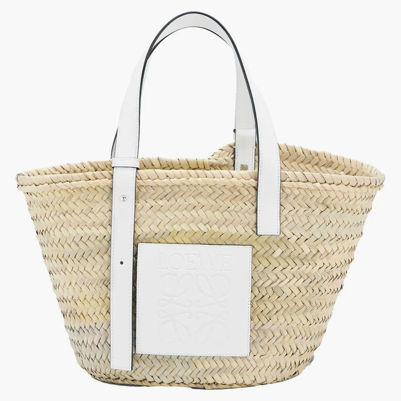 Sacchetto da cesto loewe in foglia di palma e pelle di vitello naturale/bianco