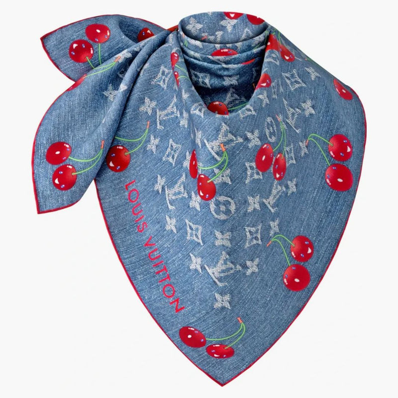 Louis Vuitton X Takashi Murakami Denim Cherry Square 90 Blue Denim