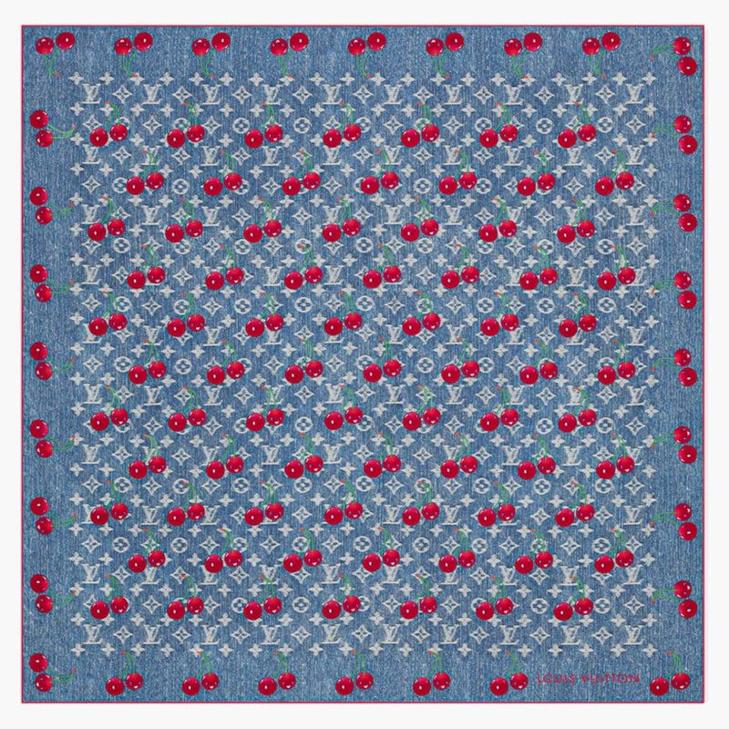 Louis Vuitton X Takashi Murakami Denim Cherry Square 90 Blue Denim