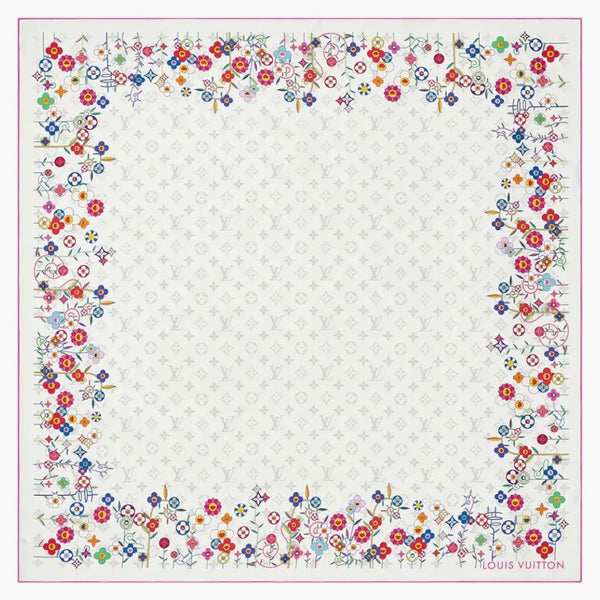 Louis Vuitton X Takashi Murakami Monogram Superflat Flowers Square 90 White