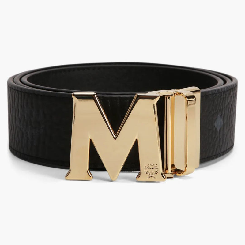 Mcm Claus M Reversible Belt Visetos 24k Gold 1.75w 51in/130cm Black
