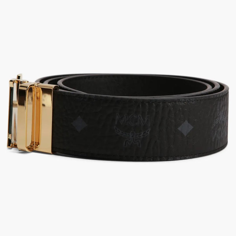 Mcm Claus M Reversible Belt Visetos 24k Gold 1.75w 51in/130cm Black