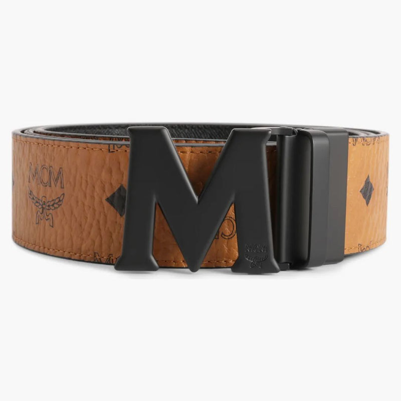 Mcm Claus M Reversible Belt Visetos Matte Black-tone 1.75w 51in/130cm Cognac