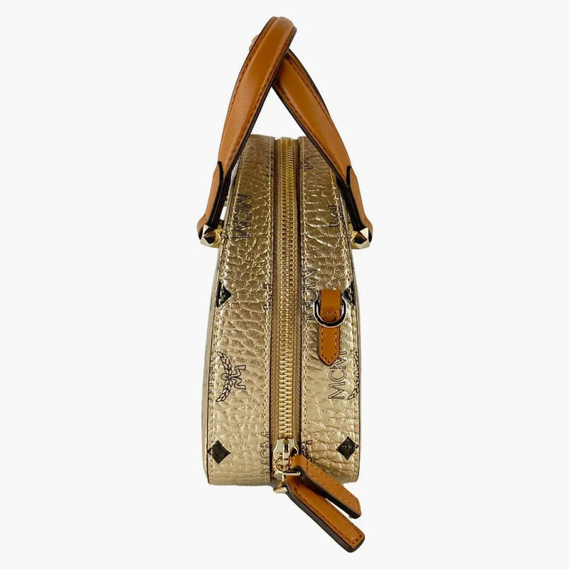 Mcm Diamond Logo Visetos Mini Round Top Tote Bag Berlin Gold