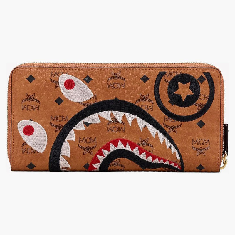 Mcm X Bape Shark Zip Around Wallet Visetos Large Cognac