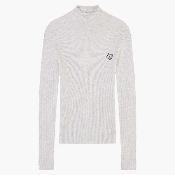 Maison Kitsune Bold Fox Head Patch Fine Ribbed Turtleneck Light Grey Melange