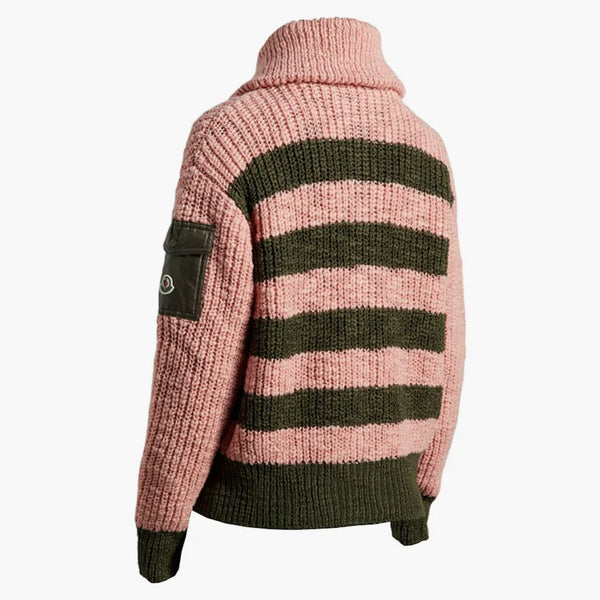 Moncler Women's Turtleeck dwukolorowy paski z paski kardigan antyczny różowy/zielony