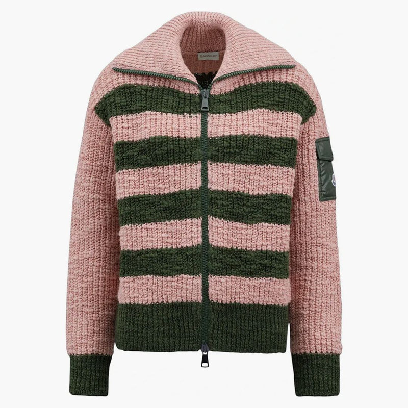 Moncler Women's Turtleneck Two-Toned Striped Back Cardigan Antique Pink/Green