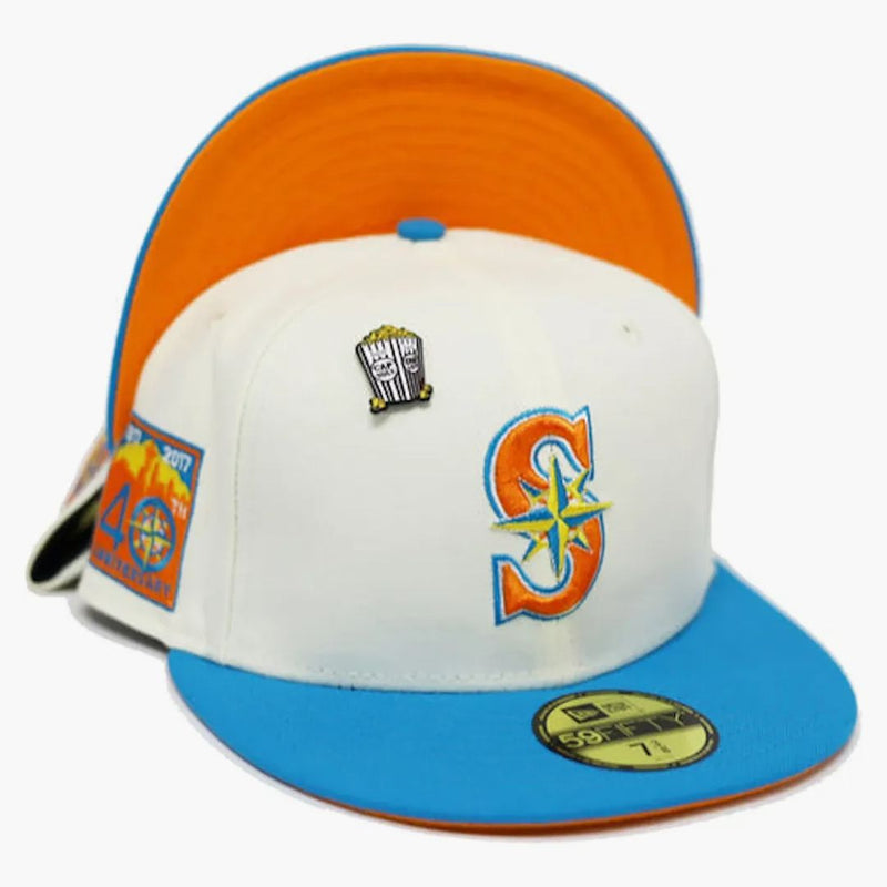 Nová éra Seattle Mariners Movie Collection 40. výročí Klobouky Patch Capsule Exkluzivní 59FIFTY FITTED HAT WHITE/ORANGE