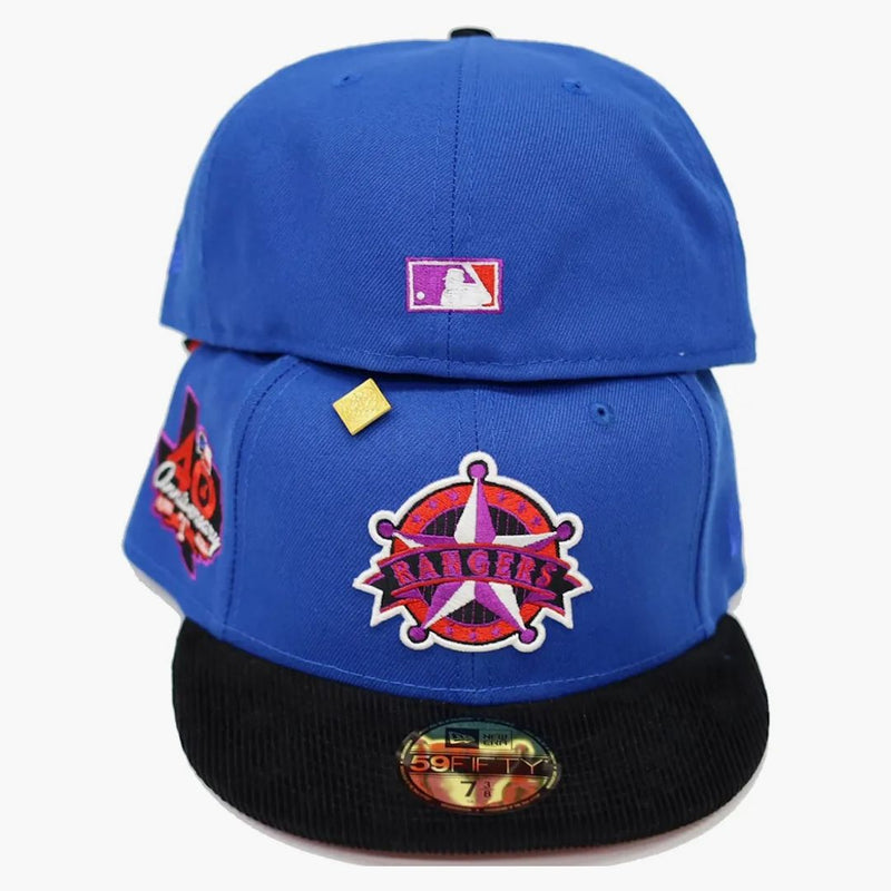 Nová éra Texas Rangers Capsule Cordoroy Visor Pack 40. výročí 59fifty namontované má modrou/červenou