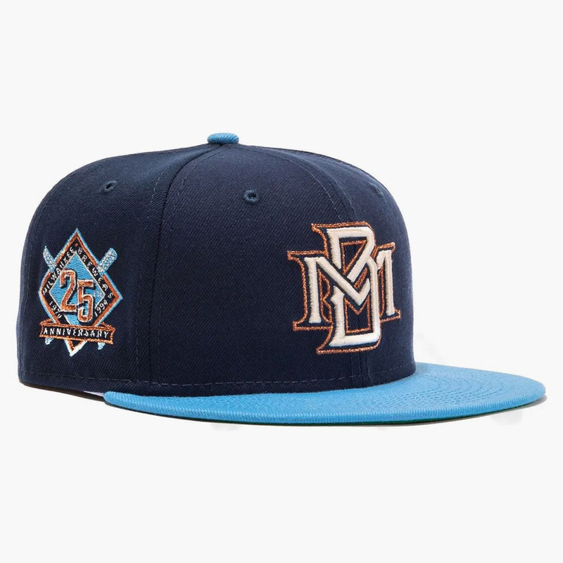 New Era X Hat Club Exclusive Beer Pack Milwaukee Brewers 25th Anniversary Patch 1994 59fifty Fitted Hat Navy/light Blue