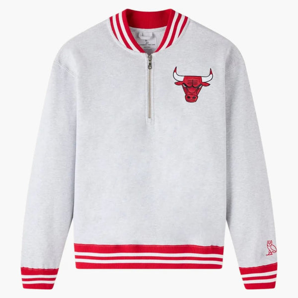 OVO NBA Chicago Bulls Quarter-Pevoven Zip Mockneck Sweatshirt Ash Heather Grey