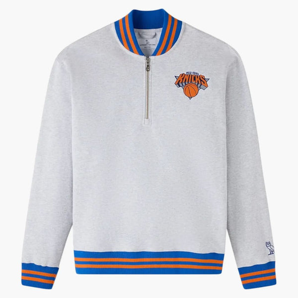 OVO NBA New York Knick's Quarter Zip Mockneck Sweatshirt Ash Heather Grey