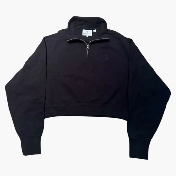 Ovo Women's OWL Quarter Zip Cropped Mock Neck Sweatshirt Black