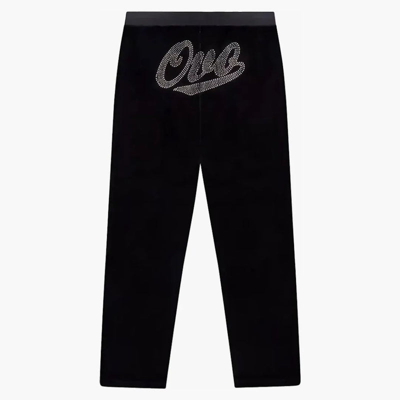 Ovo Women's Velor Crystal Owl Script Pants Black